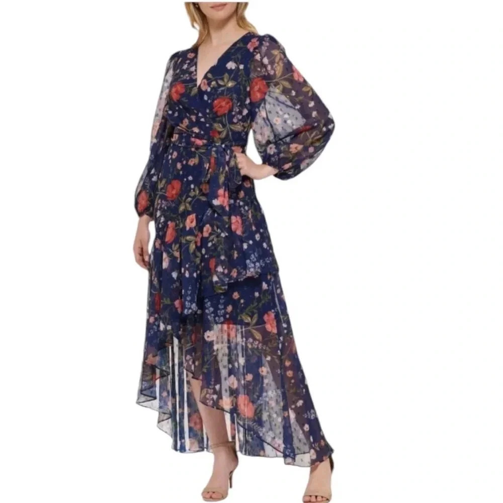 ELIZA J Floral Chiffon Surplice Asymmetric Midi Dress Navy Size 8 NWT